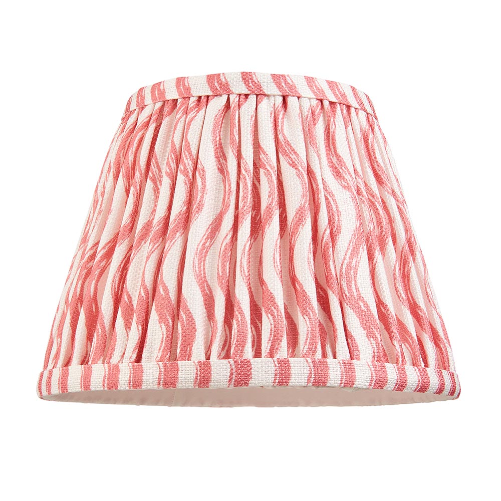 Endon Bevbury Ripple 20cm tapered gathered wall light shade in pink and white faux linen with rippling pattern, on a plain white background.