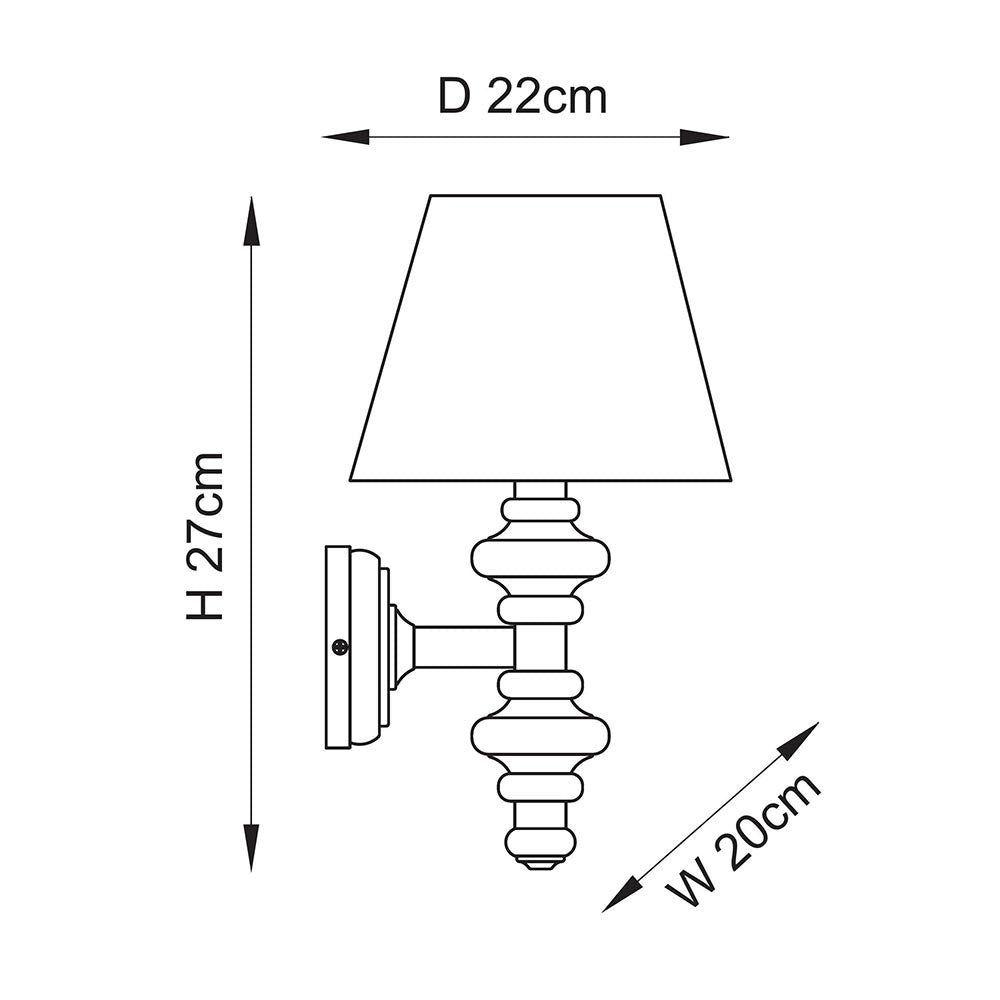 Endon Bevbury Ripple wall light dimension diagram showing 270mm height, 200mm width and 220mm projection with tapered shade on turned spindle base.