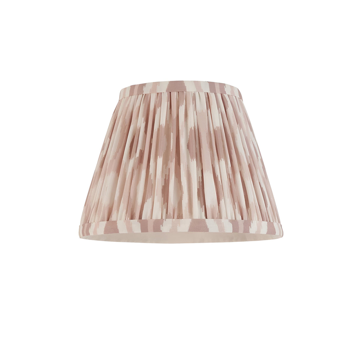 Endon Bevbury Ikat tapered pleated faux silk lampshade in pink clay and cream ikat print, shown on a plain white background.