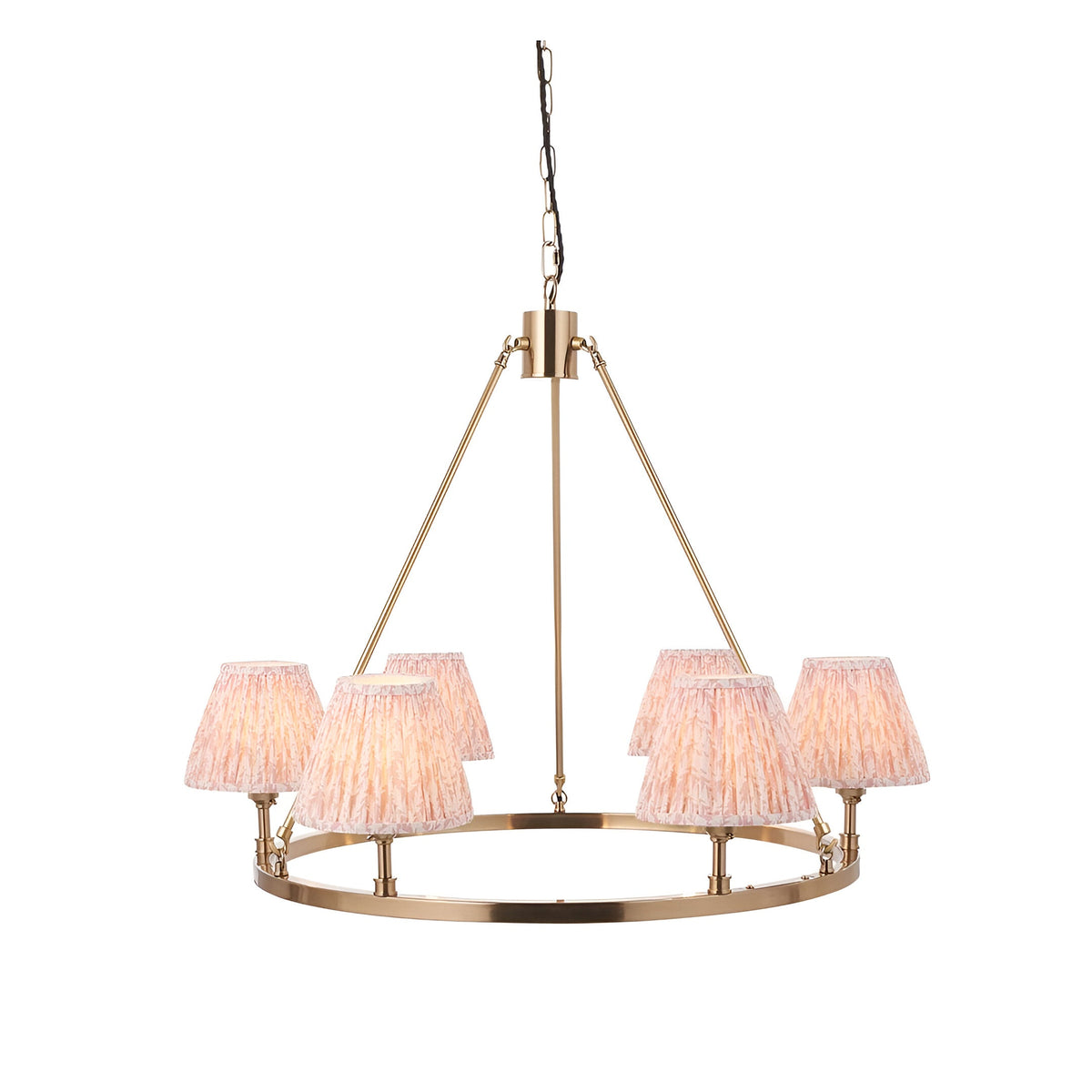 Endon Bevford Leaf six-light hoop pendant in aged brass with tapered pleated peach faux linen shades, suspended on a black chain against a white background.