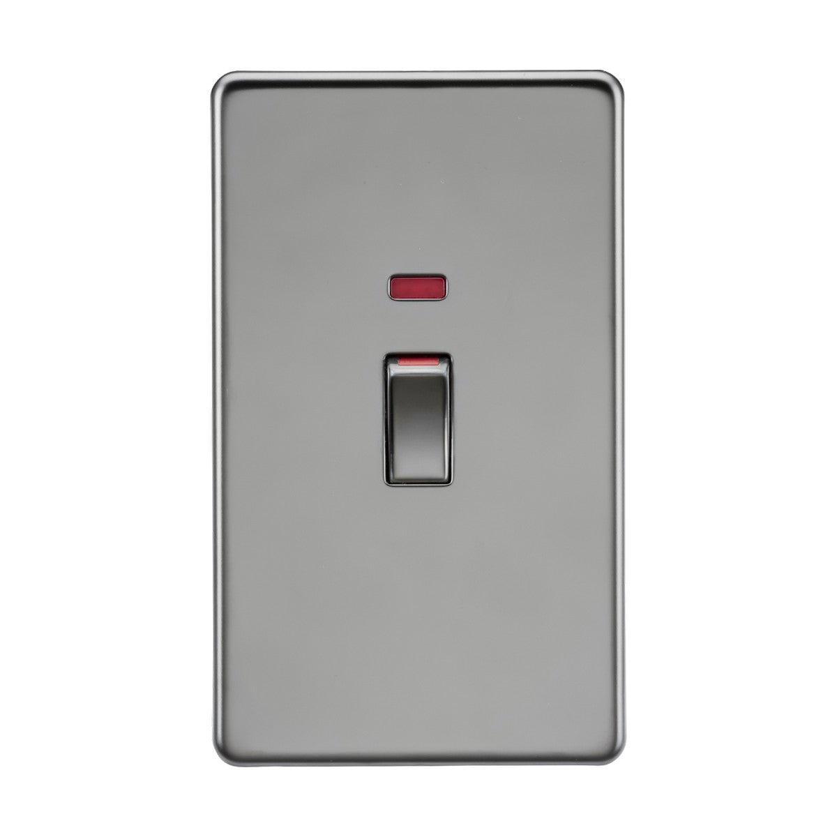 The 45A DP Switch Neon (2 Gang Size) - Black Nickel is an elegant metallic light switch with a black nickel finish, featuring a rectangular plate and a small red indicator light above the rocker switch. Its double pole design is perfectly set against a plain white background, making it ideal for sophisticated cooker control units.