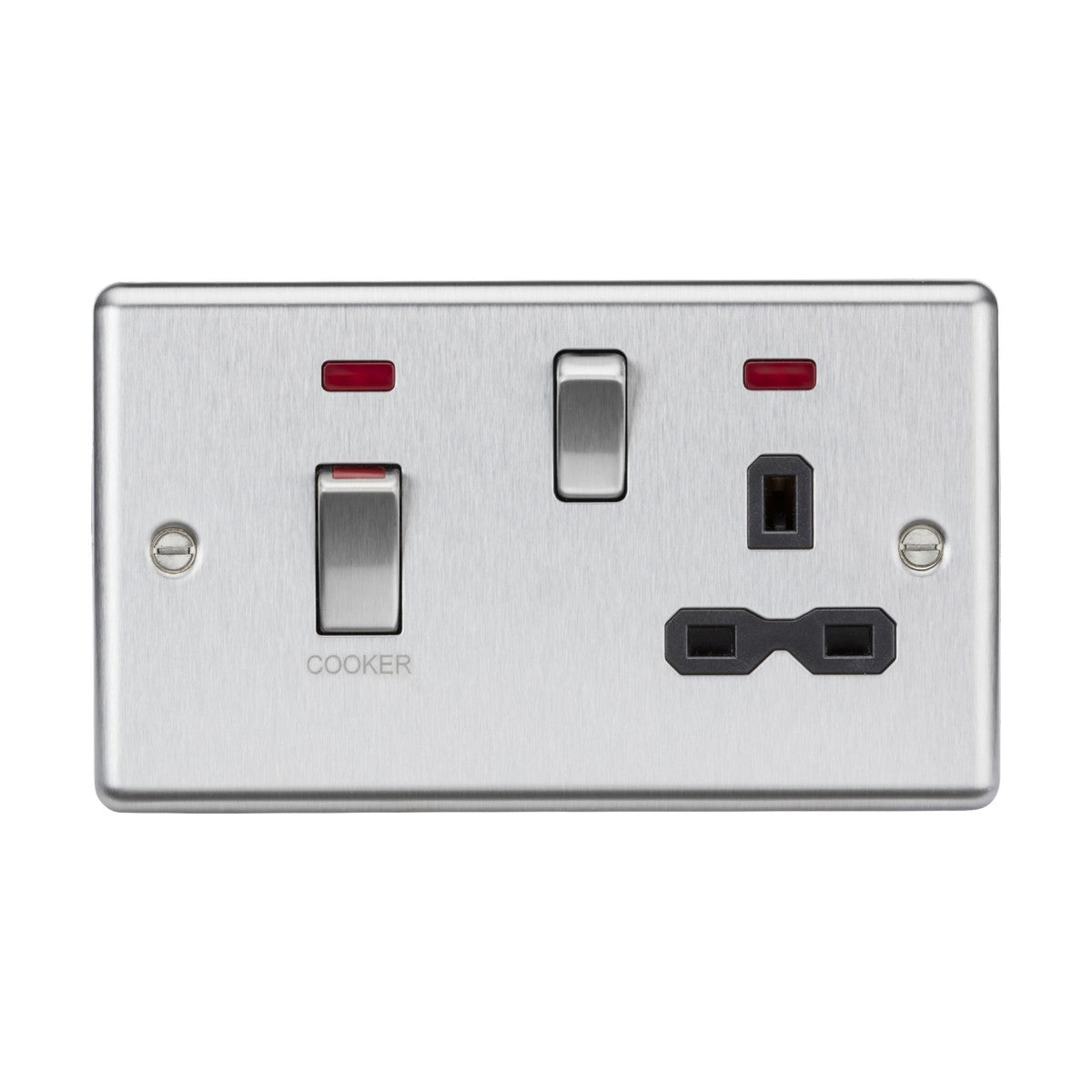 The 45A DP Switch & 13A Socket Neons in brushed chrome with a black insert offers a sleek and modern finish. This stainless steel double electrical outlet features switches that include a cooker control unit and two plug sockets, each equipped with individual red indicator lights above the double pole switches for improved safety and functionality.