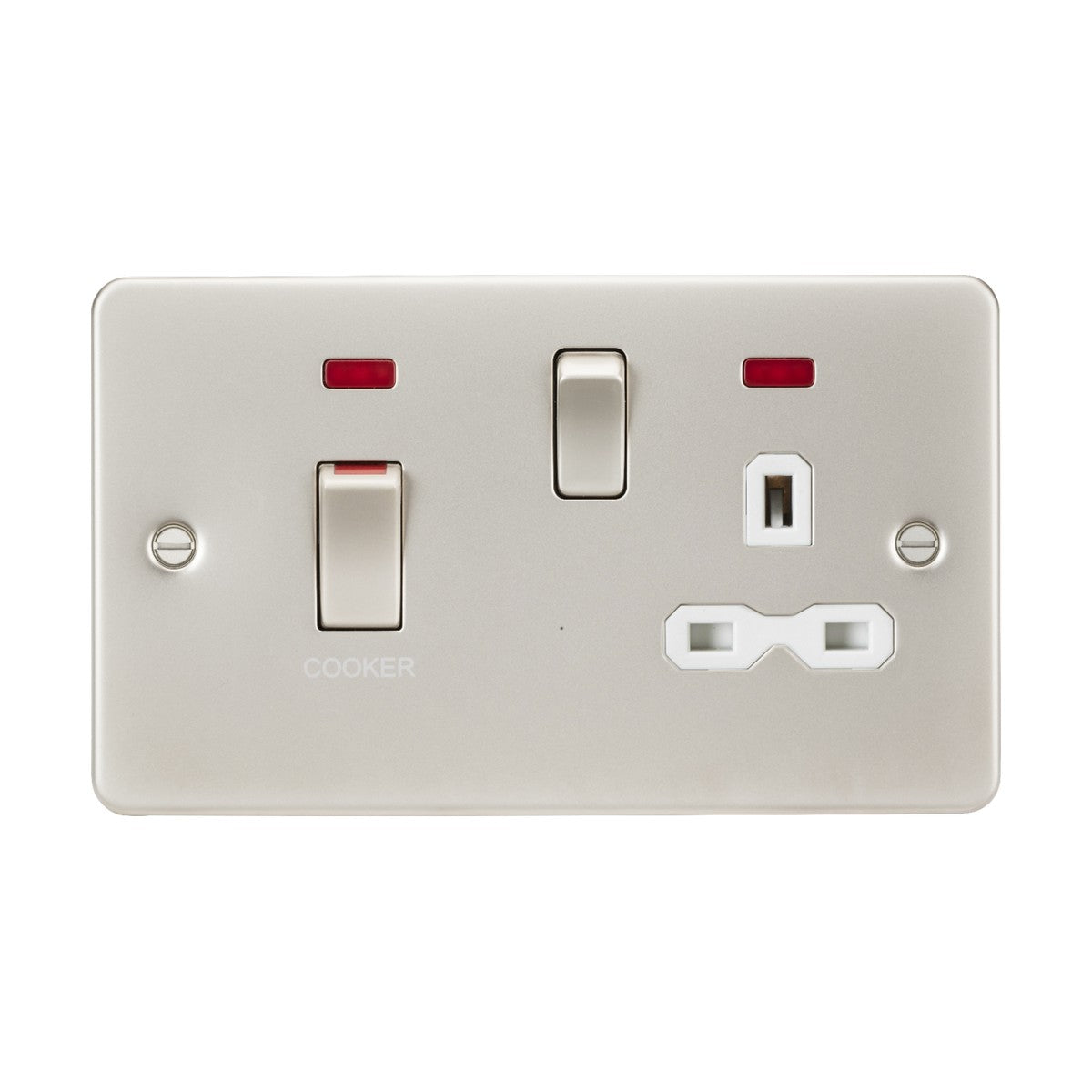 Product Description: The Pearl 45A DP Switch & 13A Socket features two rectangular switches, with one designated for COOKER use, and is equipped with dual red indicator lights. The white double switch socket includes a 13A socket with a round pin and slotted pin design, providing effective control options for kitchen safety appliances.