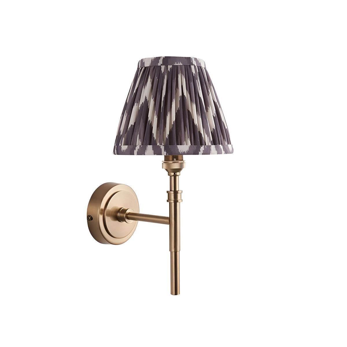 Endon Bevford Zigzag wall light with aged brass hoop arm and pleated grey faux silk tapered shade in zigzag print, on a plain white background.