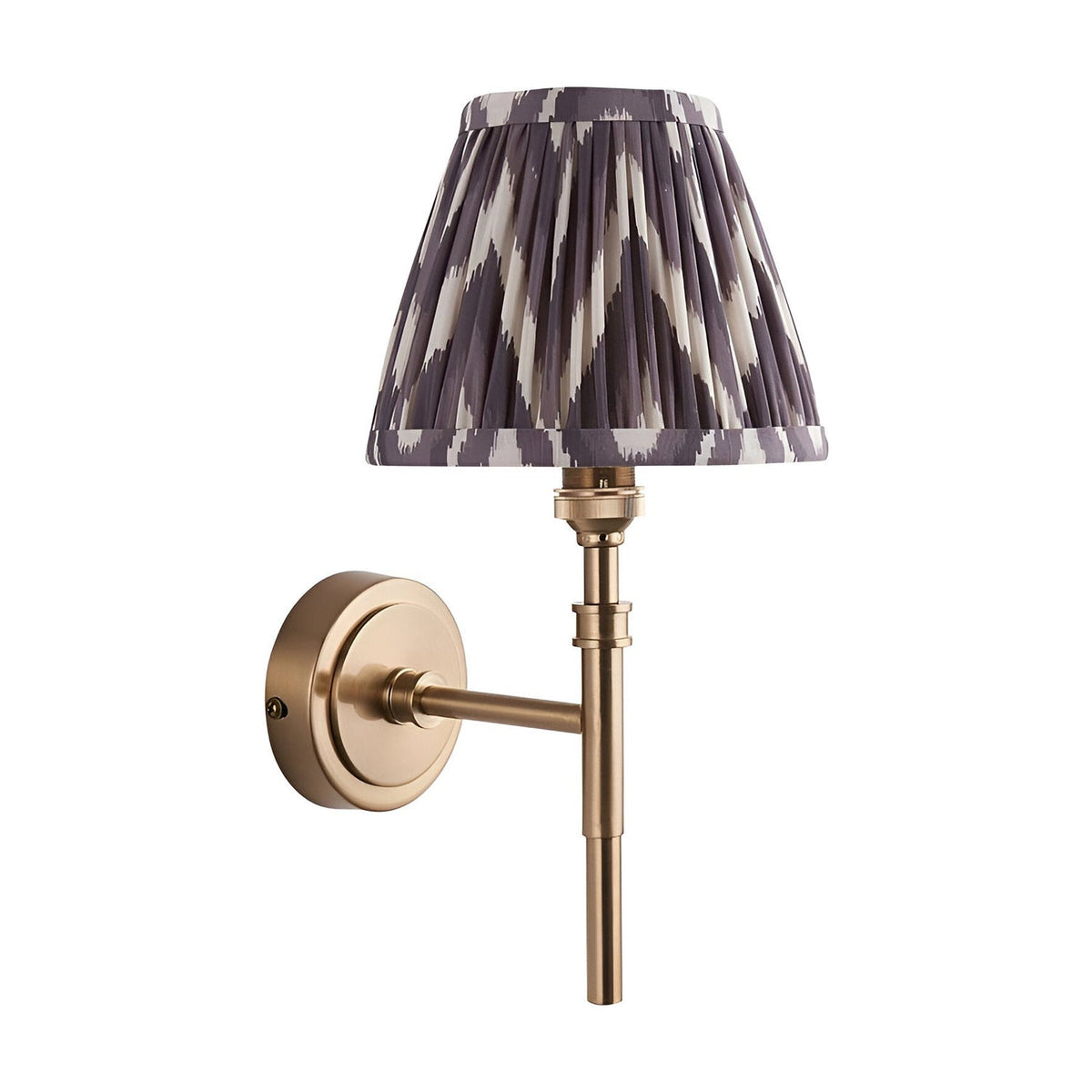 Endon Bevford Zigzag wall light with aged brass hoop arm and pleated grey faux silk tapered shade in zigzag print, on a plain white background.