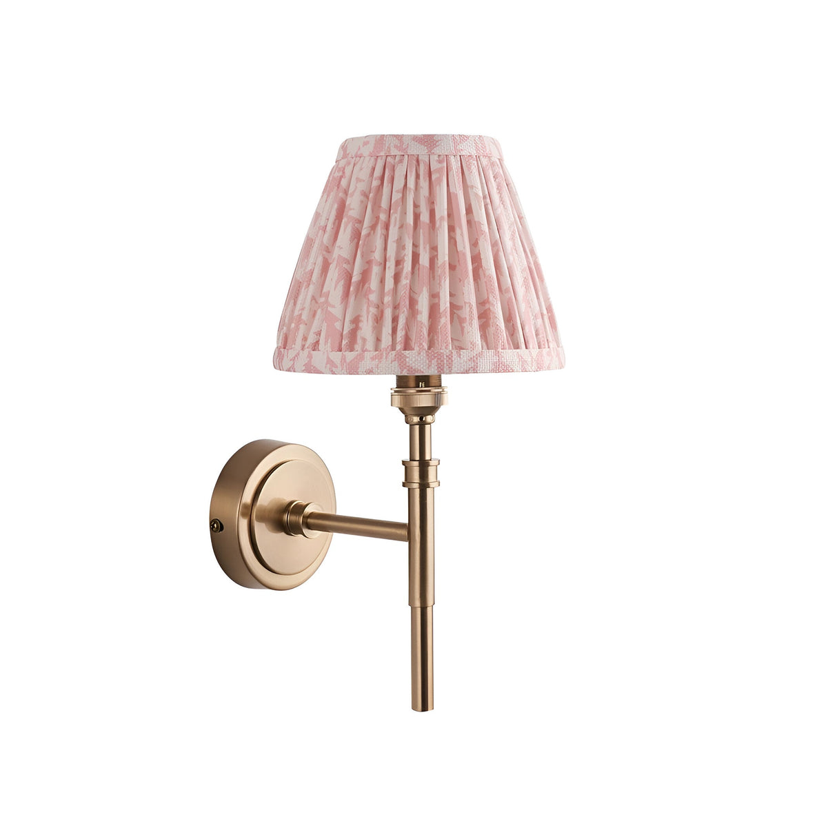 Bevford Leaf Wall Light in aged brass finish with a pleated pink leaf-print fabric shade, shown on a plain white background.