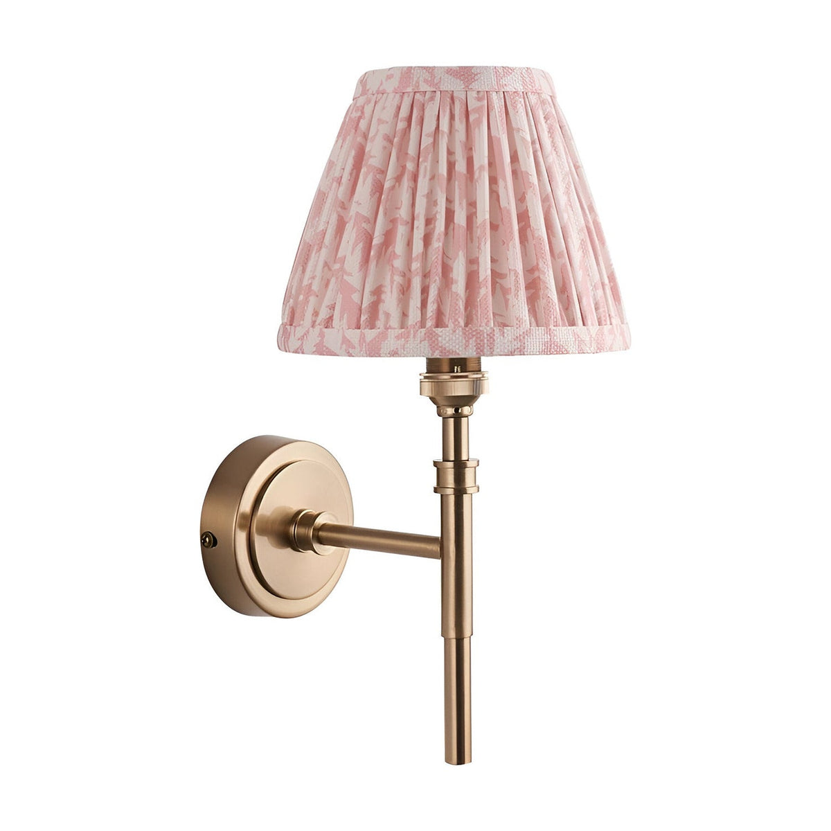 Bevford Leaf Wall Light in aged brass finish with a pleated pink leaf-print fabric shade, shown on a plain white background.