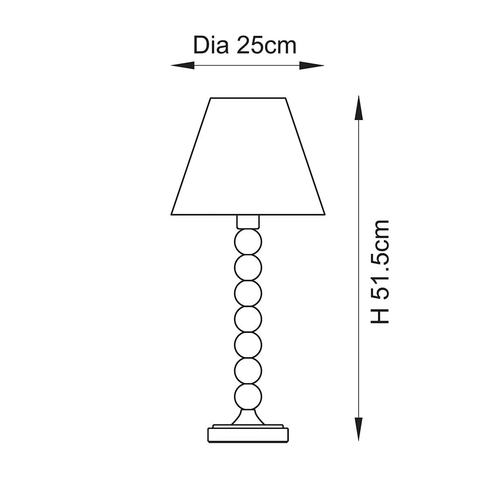 Line drawing of the Brenleigh Ikat table lamp showing a stacked-sphere metal base and tapered shade, with dimensions 25cm diameter and 51.5cm height.
