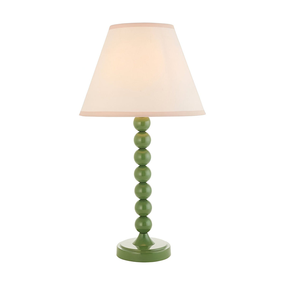 Brenleigh Ivy table lamp with a green stacked-sphere metal base and white cotton-mix Ivy shade with taped edge, on a plain white background.