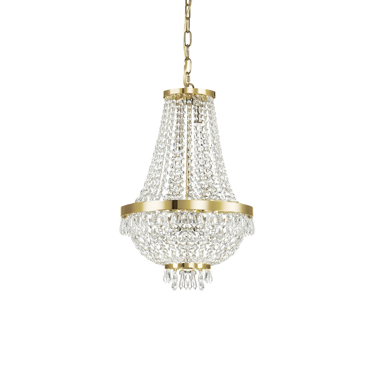 The Silhouette Crystal 6 Light Chandelier - Gold is an opulent lighting fixture featuring cascading crystal beads and a gleaming frame with chain support. Its elegant teardrop shape enhances the sophistication of any decor.