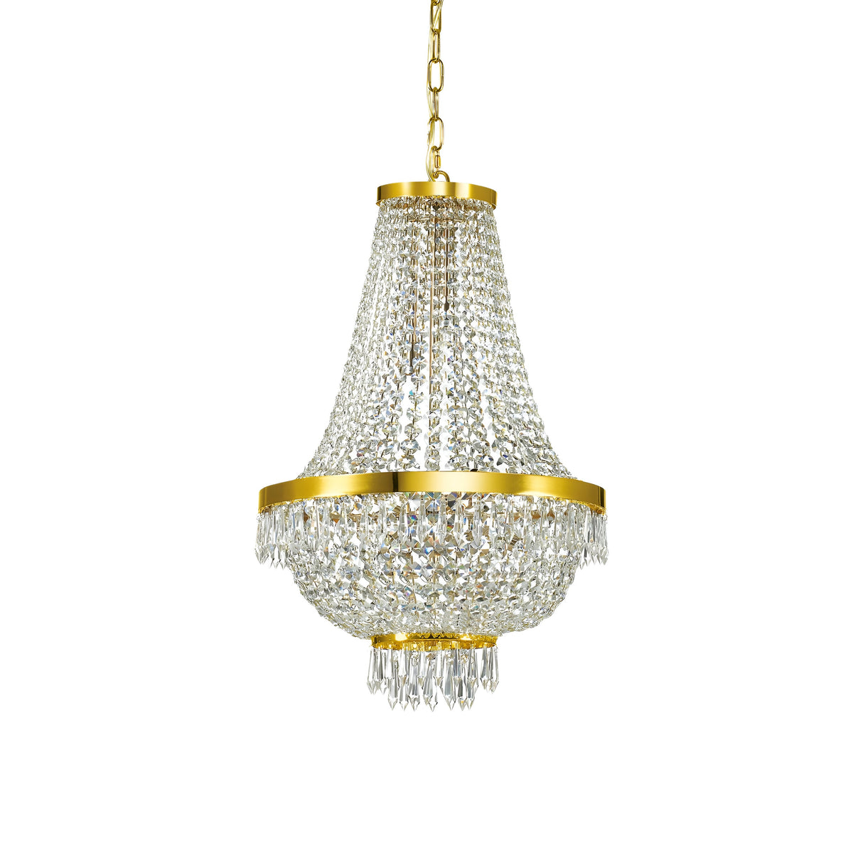 The Silhouette Crystal 9 Light Chandelier in Gold is the epitome of luxury lighting, showcasing exquisite crystal elements. It features cascading rows of crystal beads and a central canopy, creating a dazzling and elegant appearance.