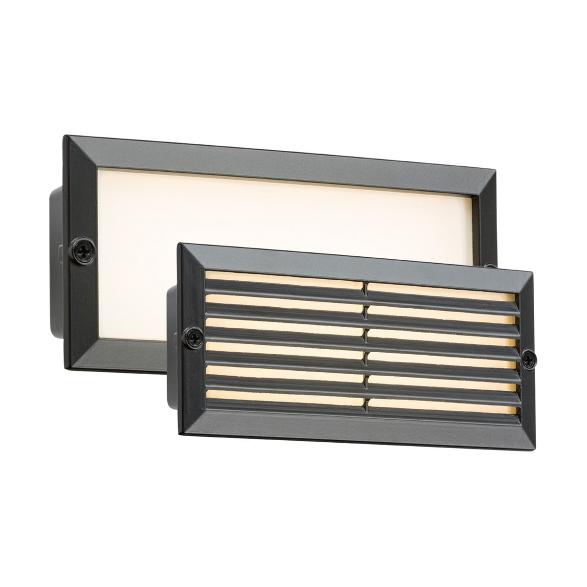 Two Outdoor White LED Recessed Brick Lights with black fascias, constructed from die-cast aluminum, offer stylish and efficient lighting solutions. One features a frosted cover, while the other has a horizontal louvered grill design. Both lights are IP54 rated for outdoor use.