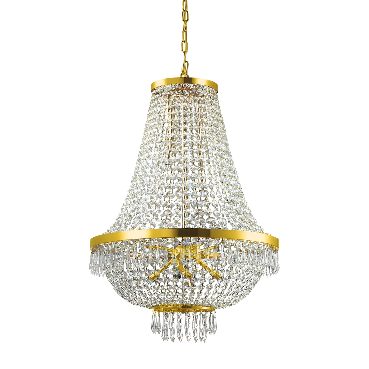 The Silhouette Crystal 12 Light Chandelier - Gold features a luxurious gold frame adorned with multiple layers of sparkling crystals and an ornate central design, elegantly suspended from a chain. Its classic teardrop shape and intricate detailing epitomize luxurious lighting.