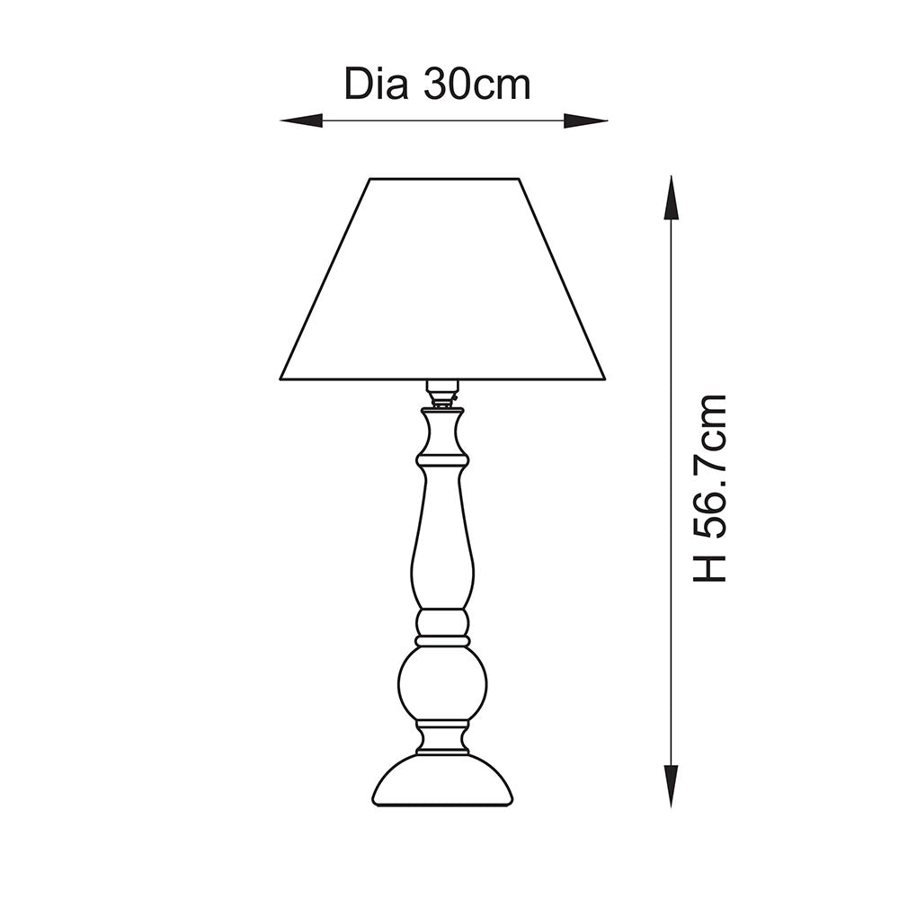 Endon Brenhurst table lamp dimension diagram showing a turned wood base with tapered shade, labelled 30cm diameter and 56.7cm height on a white background.