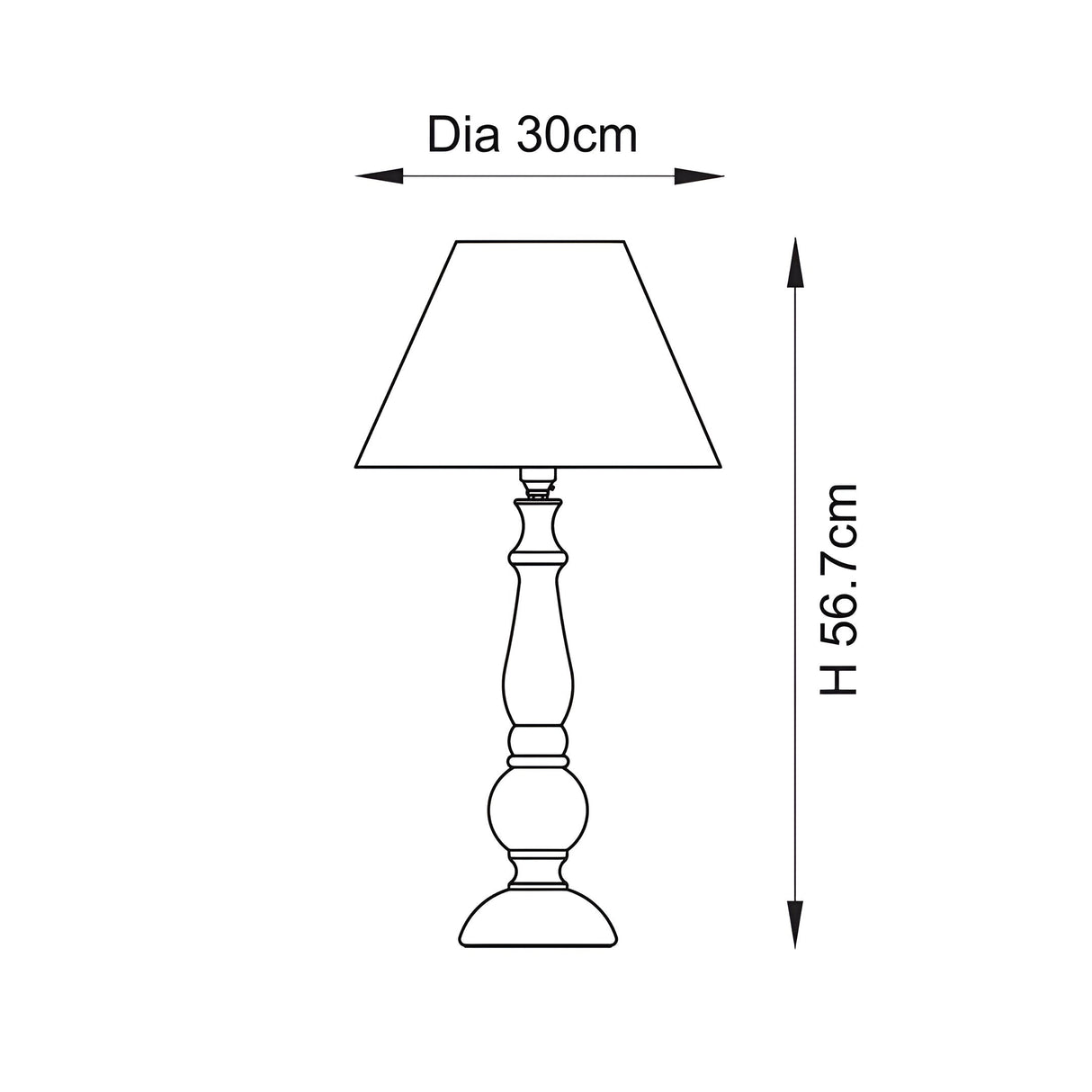 Line drawing of the Brenhurst Table Lamp showing a turned wood base with tapered fabric shade, dimensions 30cm diameter and 56.7cm height.