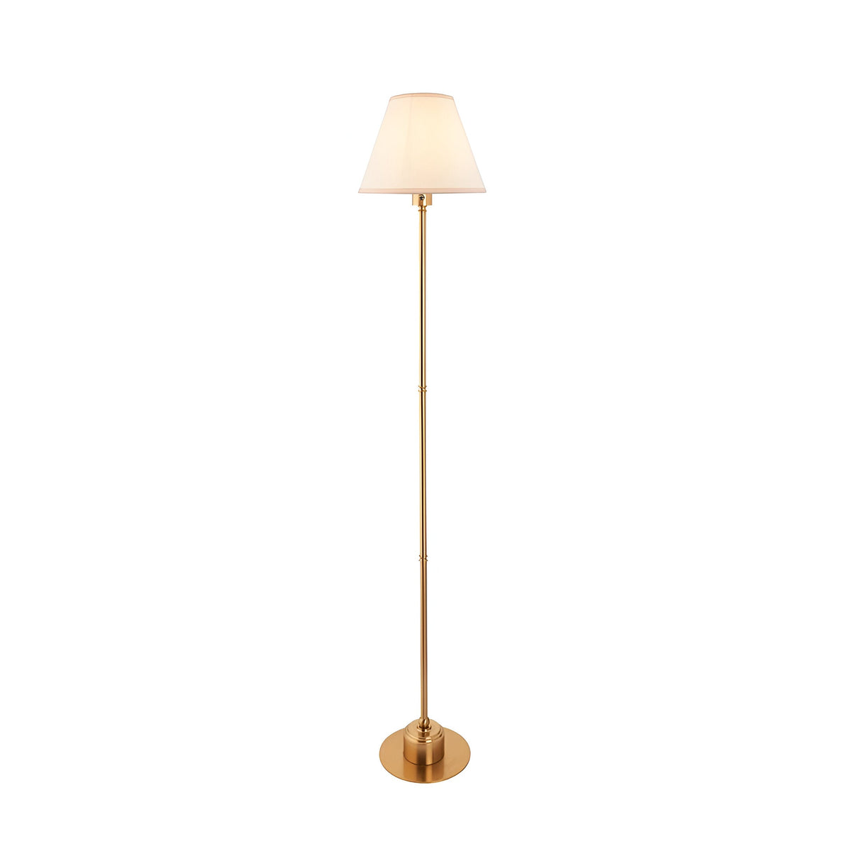Endon Ashstead LED floor lamp with slim aged brass stem, round base and vintage white cotton Ivy shade, shown on a plain white background.