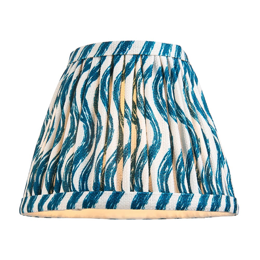Ashstead LED Ripple Table Lamp with pleated blue and white patterned fabric shade, shown on a plain white background.