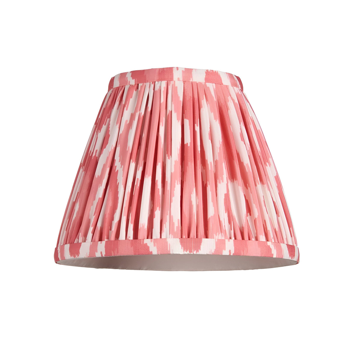 Endon Ashstead table lamp shade in hand-pleated pink and white ikat faux silk with taped edging, shown on a plain white background.
