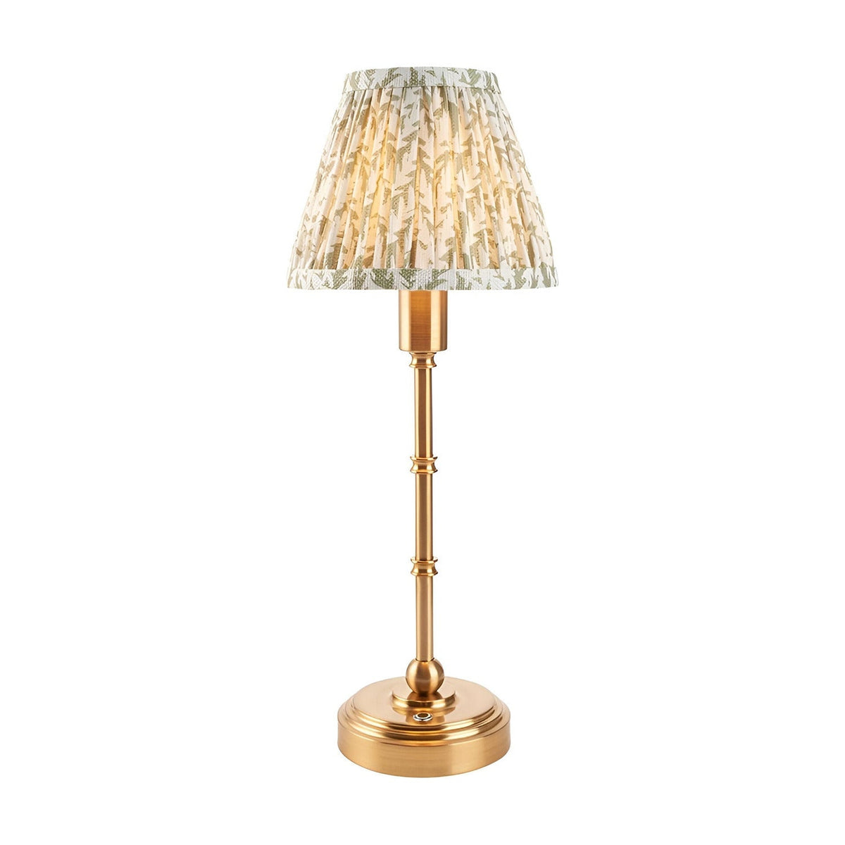Ashstead LED table lamp with a slender brass stem, round base, and pleated leaf-print shade in white and green, shown on a plain white background.