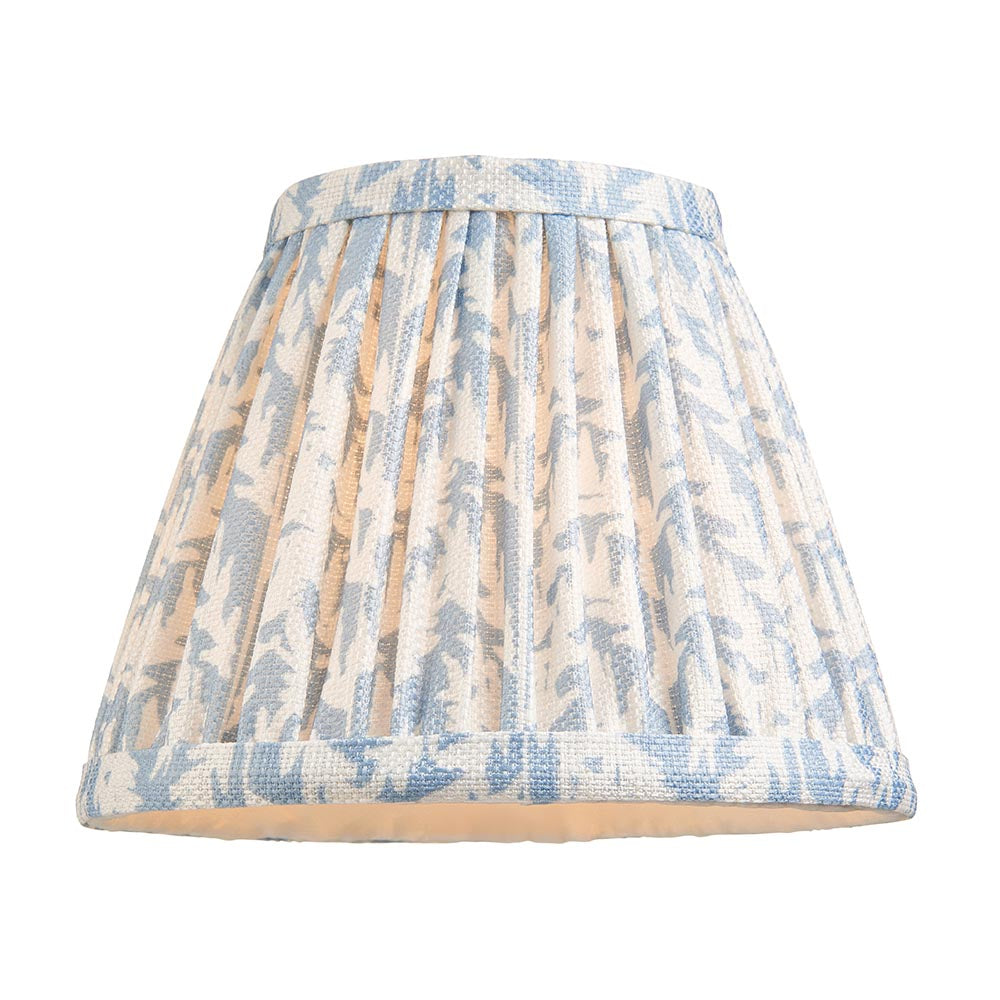 Ashstead LED Leaf Table Lamp with pleated white and blue leaf-print fabric shade and brass gallery, shown on a plain white background.