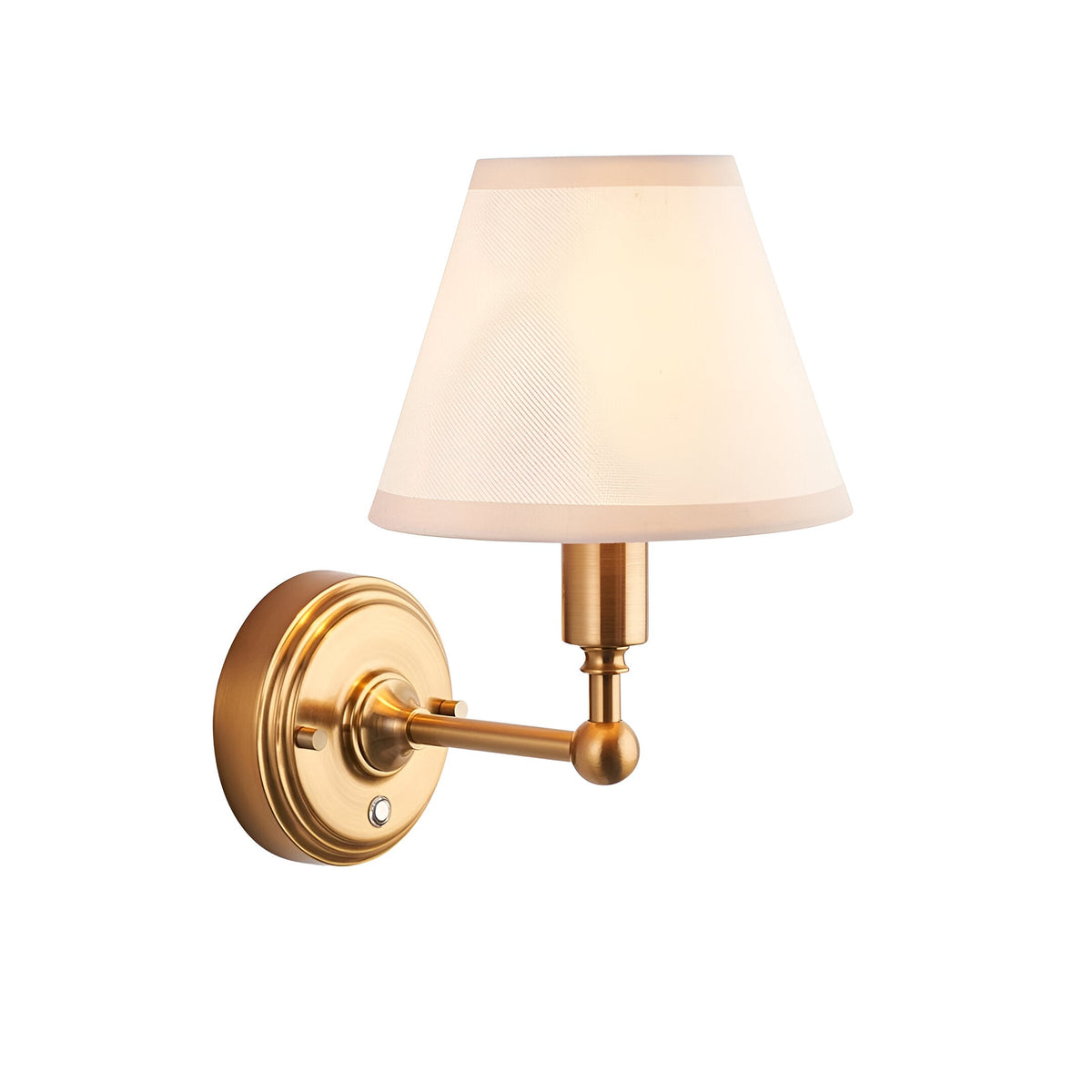 Endon Ashstead LED rechargeable wall light in brushed aged brass with a tapered vintage white fabric shade, shown on a plain background.