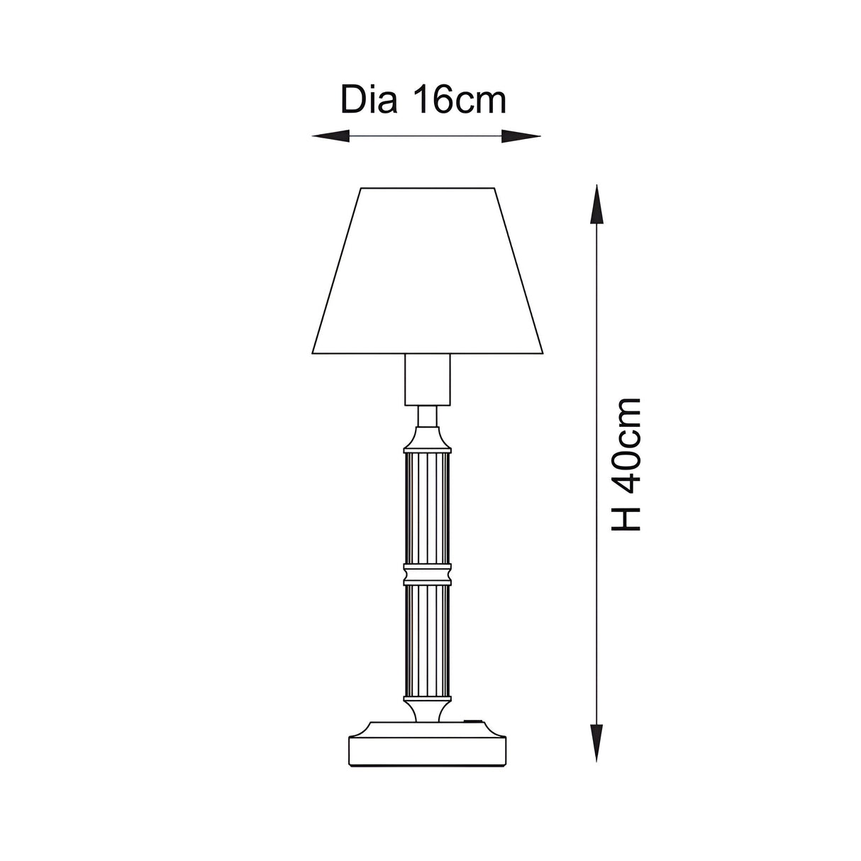 Dimension diagram of the Endon Carlwood LED table lamp showing 40cm height and 16cm shade diameter on a plain white background.