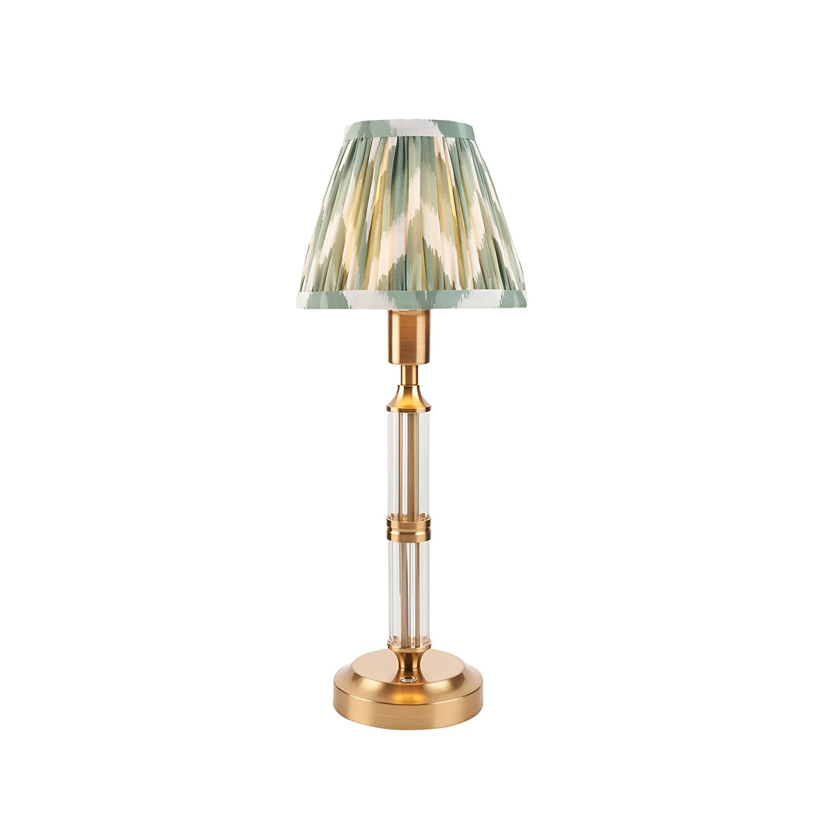 Carlwood LED Table Lamp with brushed aged brass base, clear acrylic column, and pleated Cotswold green zigzag fabric shade, shown on a plain white background.
