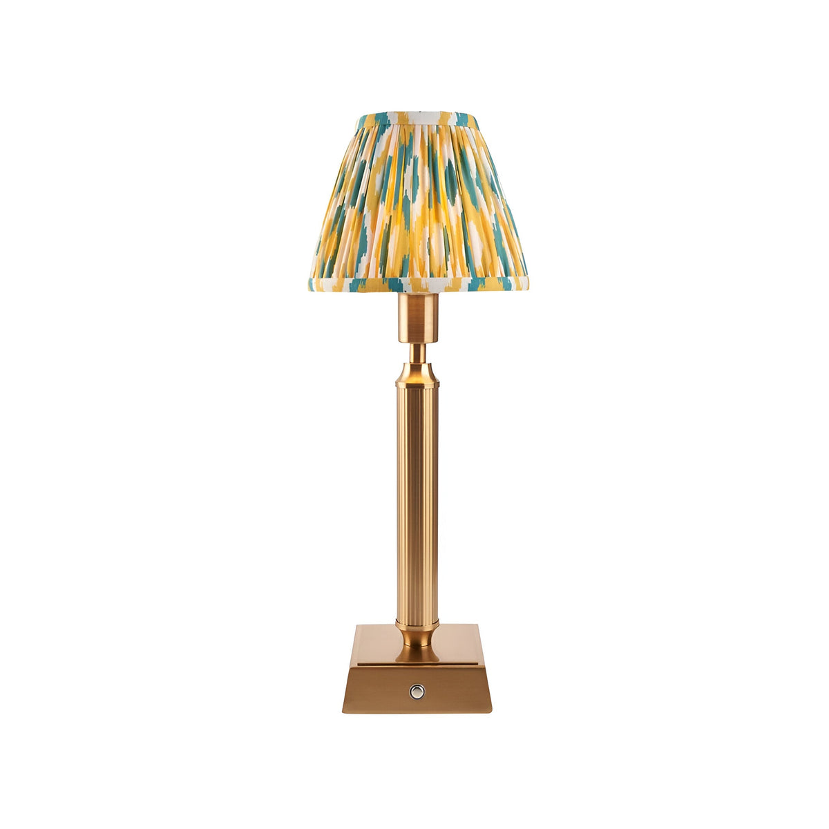 Cranwick LED table lamp with reeded brass stem, square base, touch dimmer and pleated yellow, teal and white Ikat-print fabric shade.