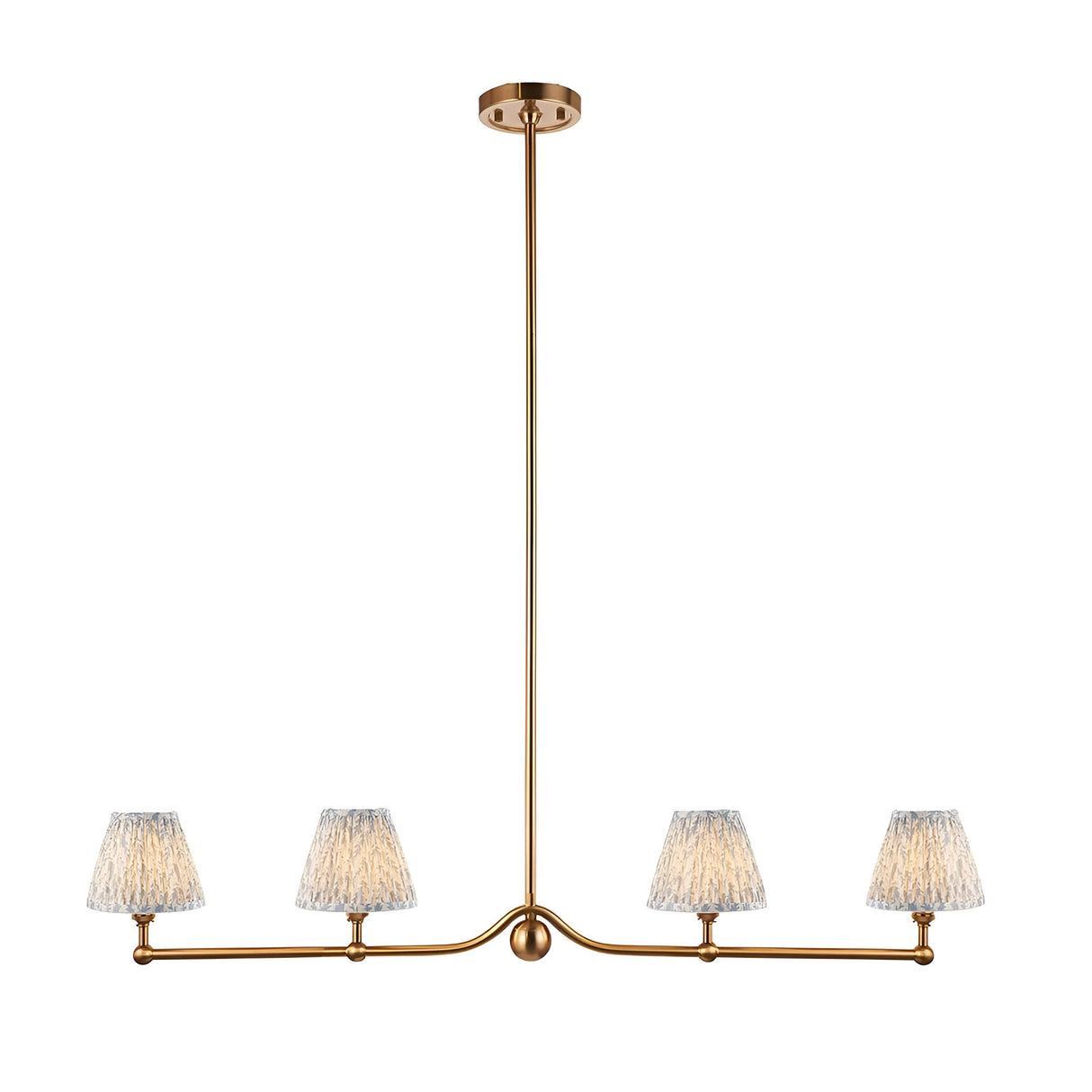 Endon Cliffleigh Leaf 4 light linear pendant in brushed aged brass with four tapered blue Leaf-print shades along a slim bar with sphere detail.
