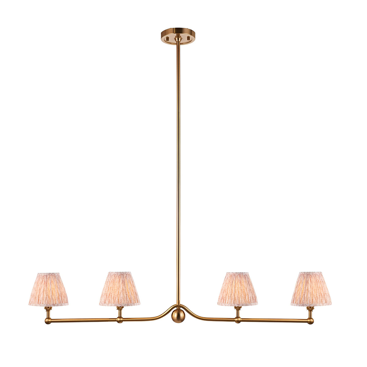 Cliffleigh Leaf 4-Light Linear Pendant in brushed brass with a slim rod, sphere detail, and four tapered fabric shades on a linear bar.