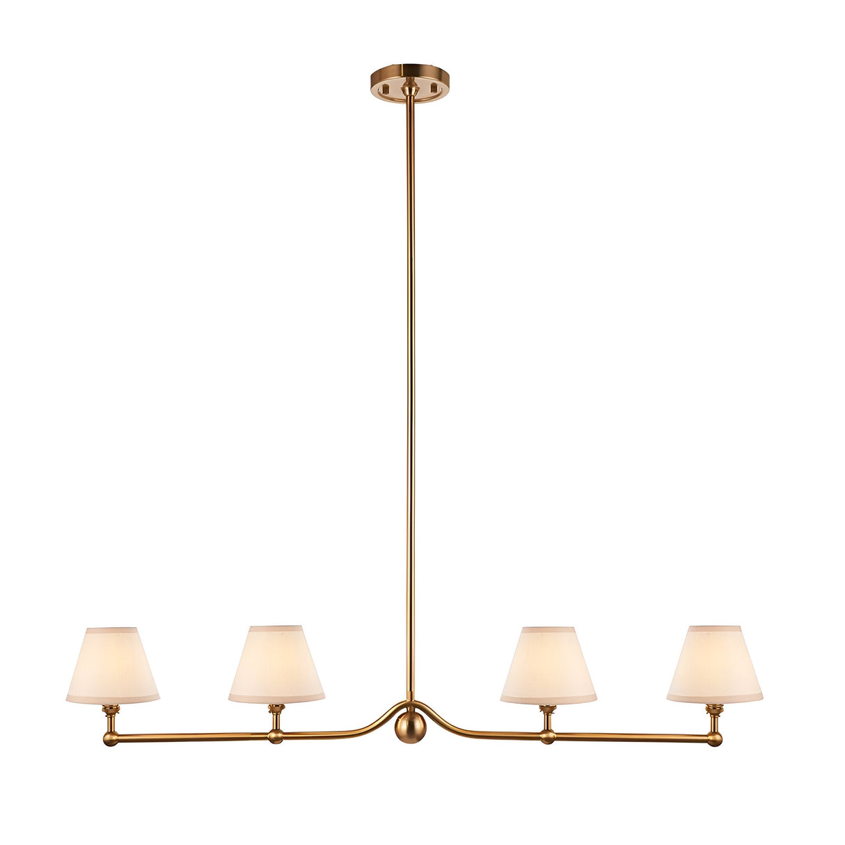 Endon Cliffleigh 4 light linear bar pendant in brushed aged brass with four tapered white cotton mix shades, shown on a plain white background.