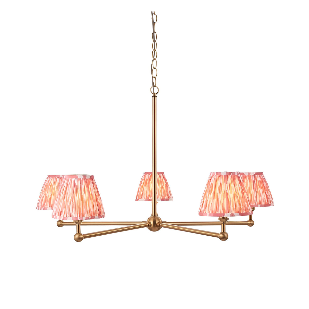 Endon Cliffleigh Ikat 5 light pendant in brushed brass with pleated tapered pink Ikat fabric shades, hung from a chain on a white background.