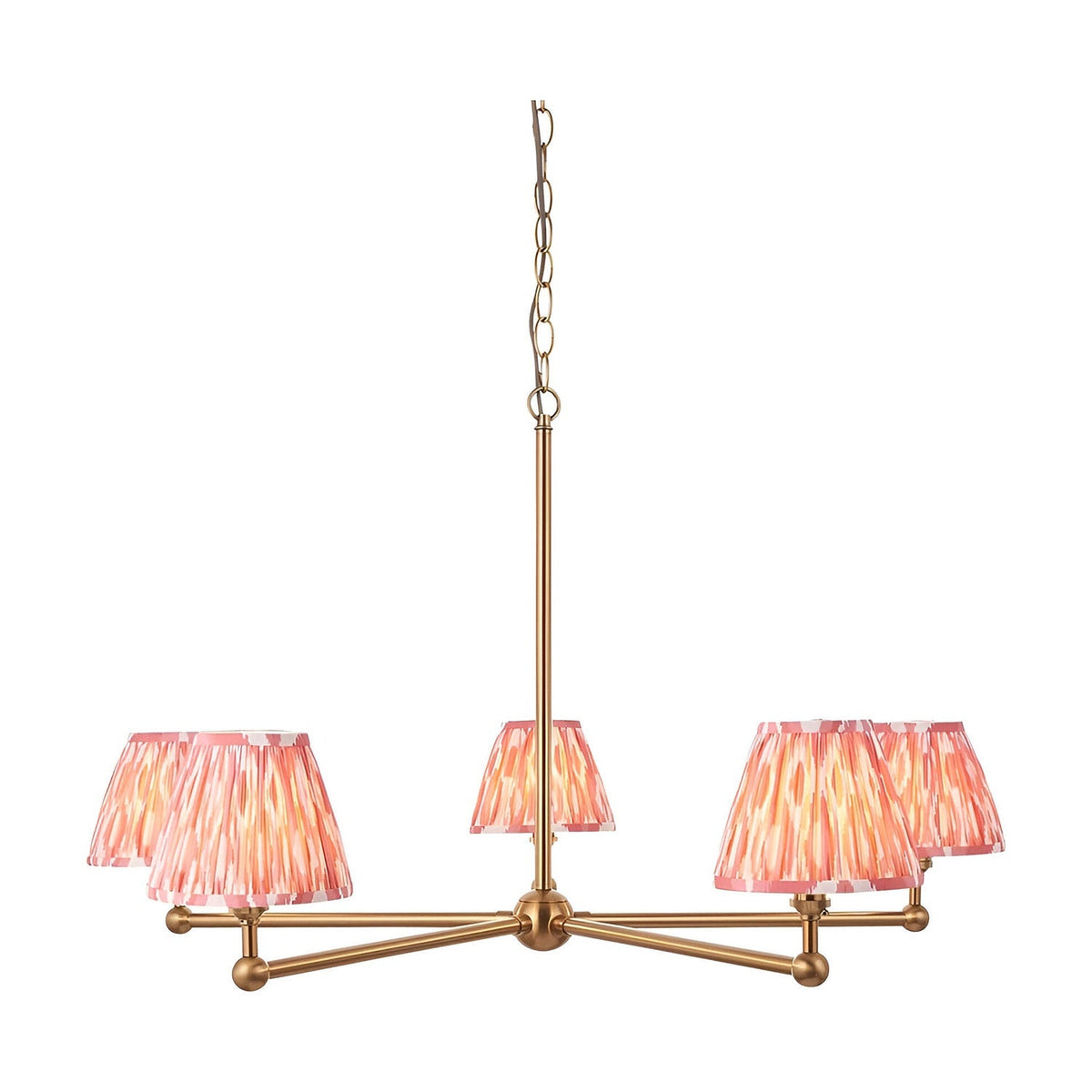 Endon Cliffleigh Ikat 5 light pendant in brushed brass with pleated tapered pink Ikat fabric shades, hung from a chain on a white background.
