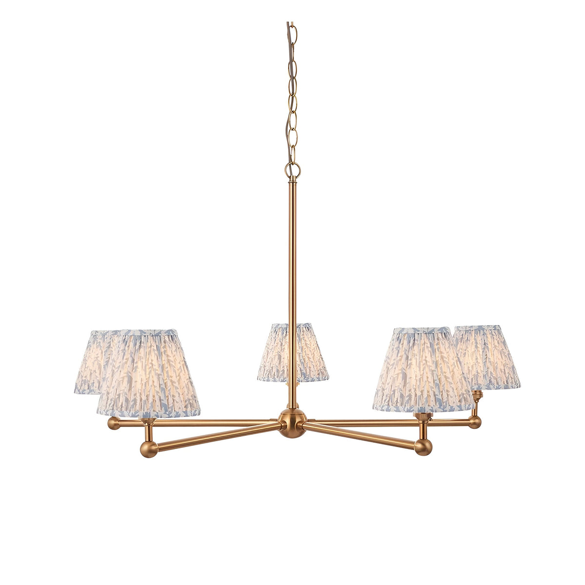 Endon Cliffleigh Leaf 5 light pendant with brushed brass frame and pleated tapered shades in blue and grey leaf print, on a white background.