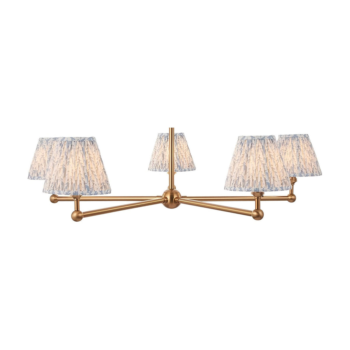Endon Cliffleigh Leaf 5 light pendant with brushed brass frame and pleated tapered shades in blue and grey leaf print, on a white background.