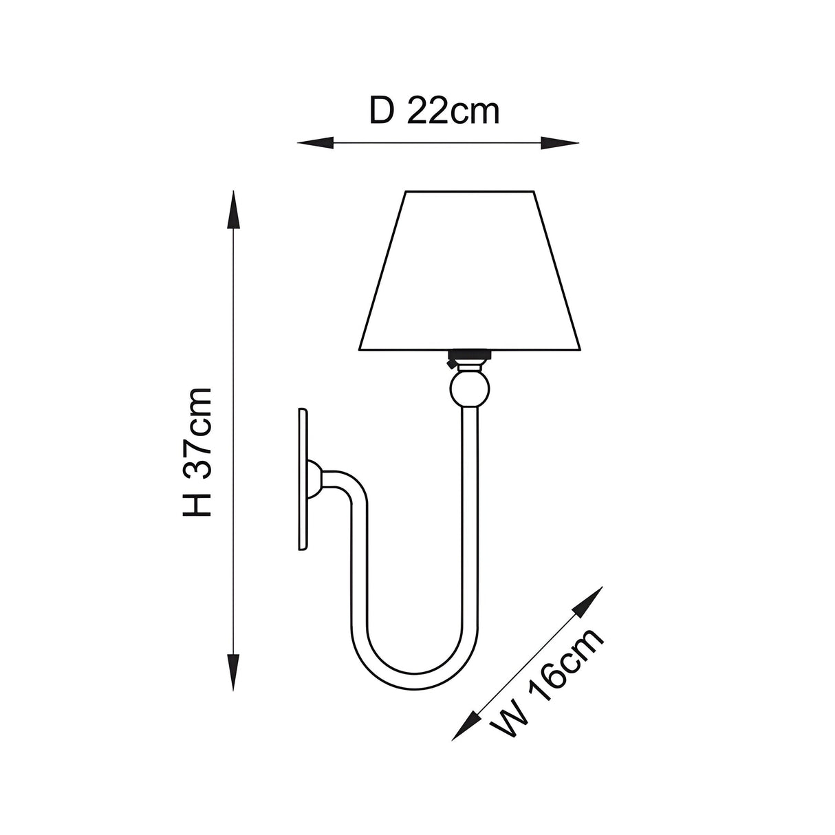 Technical line drawing of the Endon Cliffleigh Ripple wall light showing 37cm height, 22cm depth and 16cm width dimensions on a white background.