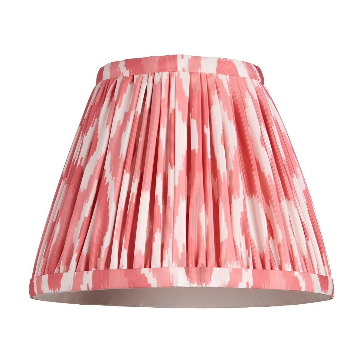 Endon Cliffleigh tapered pleated wall light shade in coral pink and white Ikat printed faux silk, shown on a plain white background.