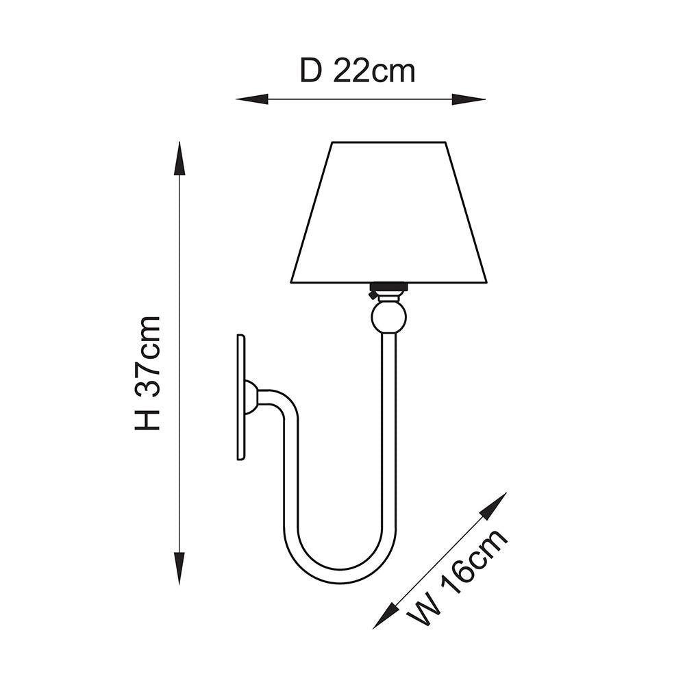 Endon Cliffleigh Leaf wall light dimension diagram showing 37cm height, 16cm width and 22cm projection on a plain white background.