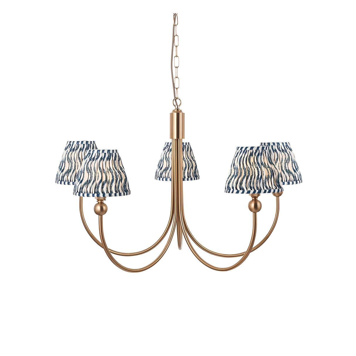 Endon Cliffleigh 5 light pendant with curved brushed brass arms and marlin blue rippled pleated fabric shades, hung from a chain on a white background.