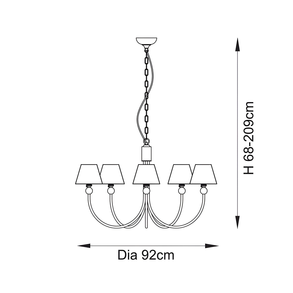 Technical line drawing of the Cliffleigh 5 Light Curved Arm Ivy Pendant in white, showing curved arms and tapered shades, 92cm diameter, 68-209cm height.
