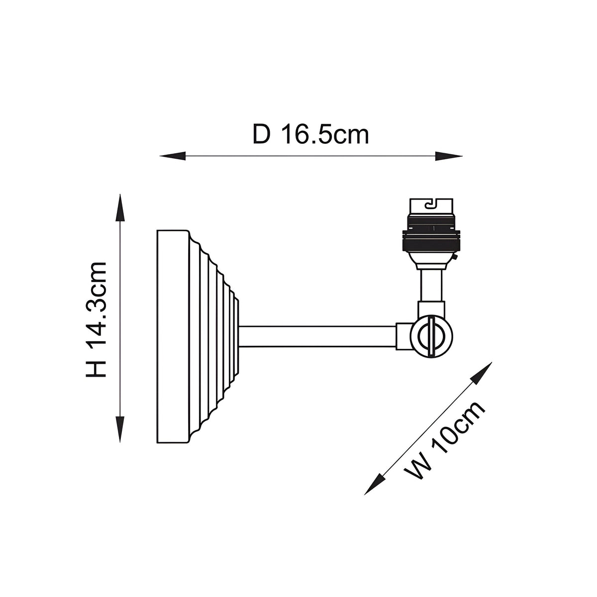 Endon Castley wall light dimension diagram showing 14.3cm height, 16.5cm depth and 10cm width with stepped back plate and adjustable arm.
