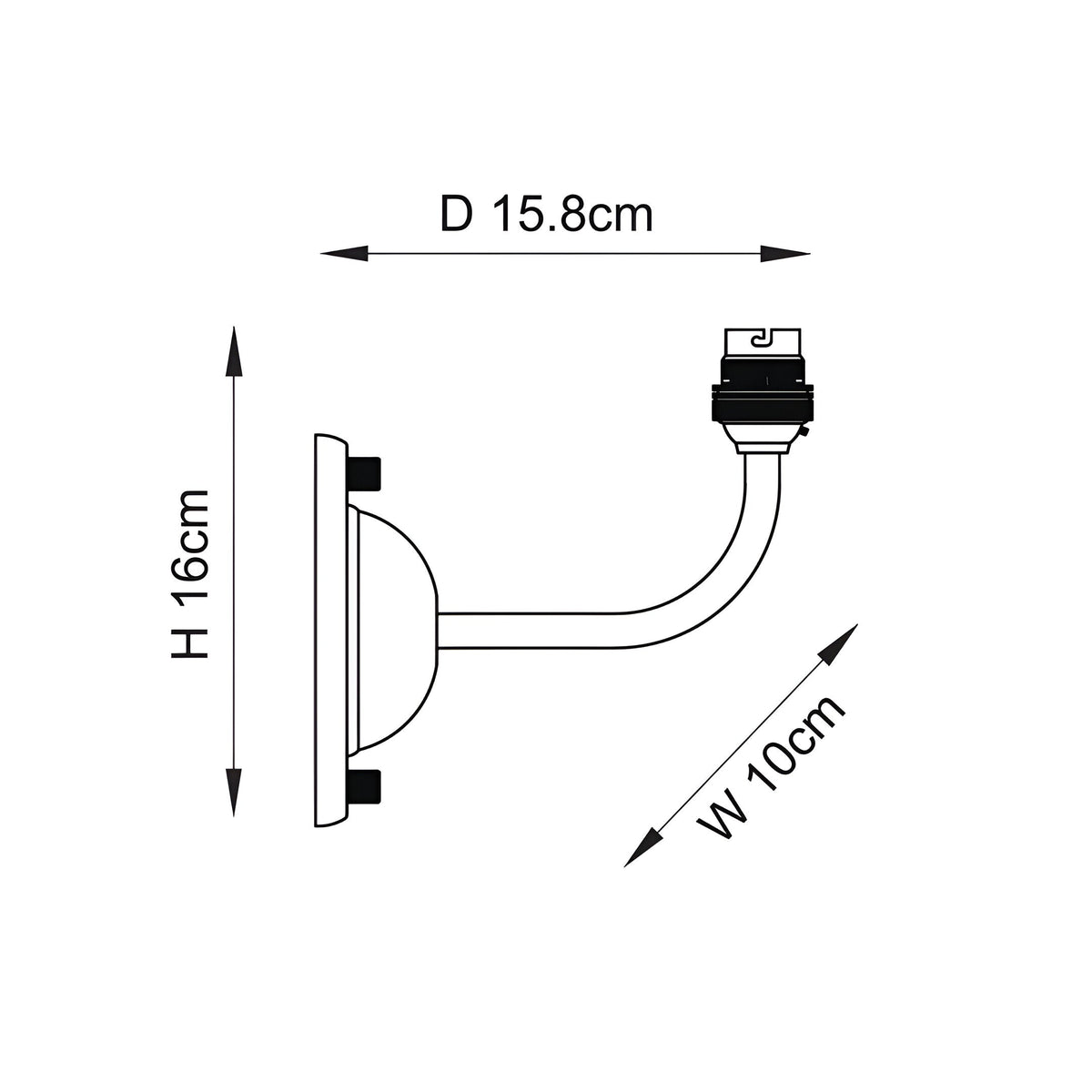 Technical dimension diagram of the Endon Brackdale wall light showing height 16cm, depth 15.8cm and width 10cm with B22 lampholder detail.