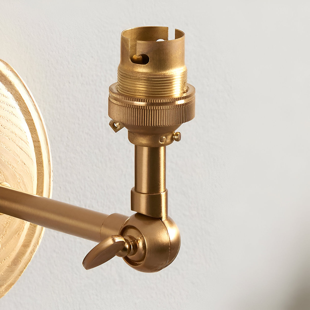Close-up of the Endon Danemere wall light showing the brushed aged brass B22 lampholder, adjustable knuckle arm, and natural ash wood back plate.