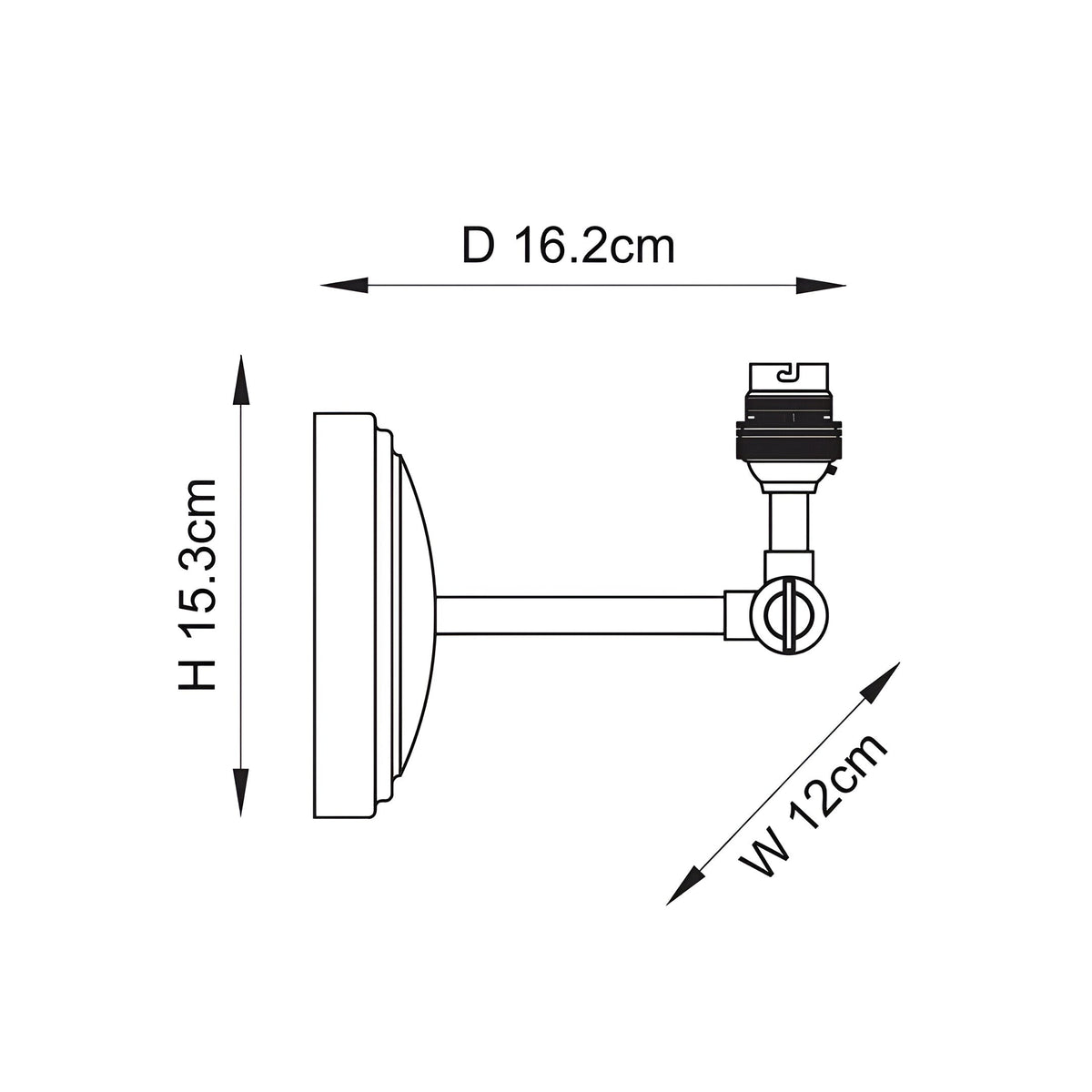 Technical dimension diagram of the Endon Danemere wall light showing height 15.3cm, depth 16.2cm, and width 12cm on a white background.