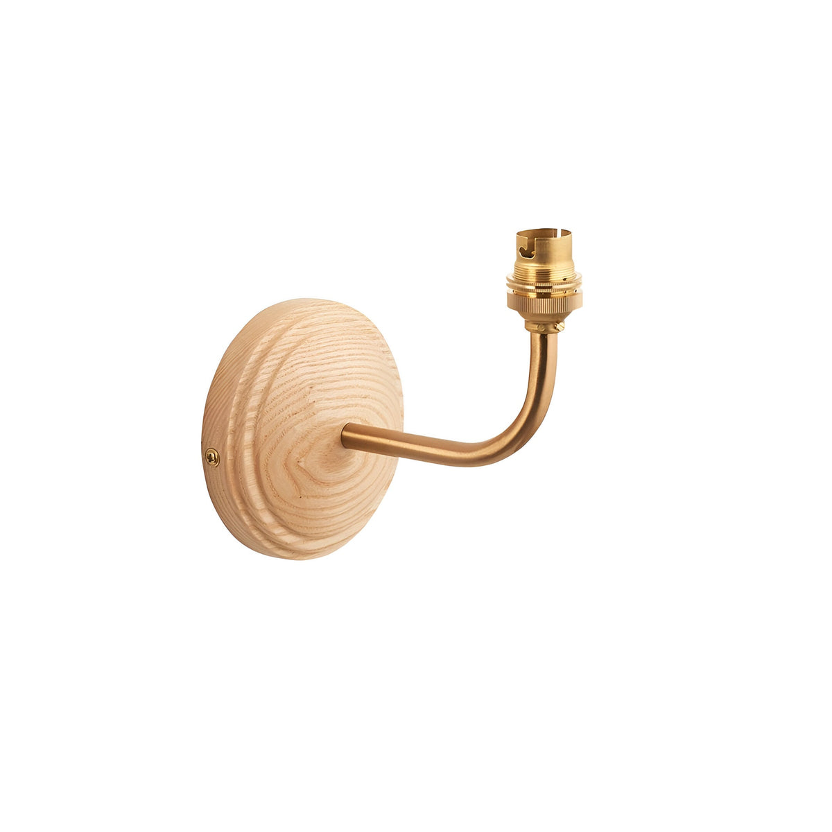 Endon Daneleigh wall light with a round natural ash wood back plate and curved brushed aged brass arm ending in a B22 lampholder, on a white background.