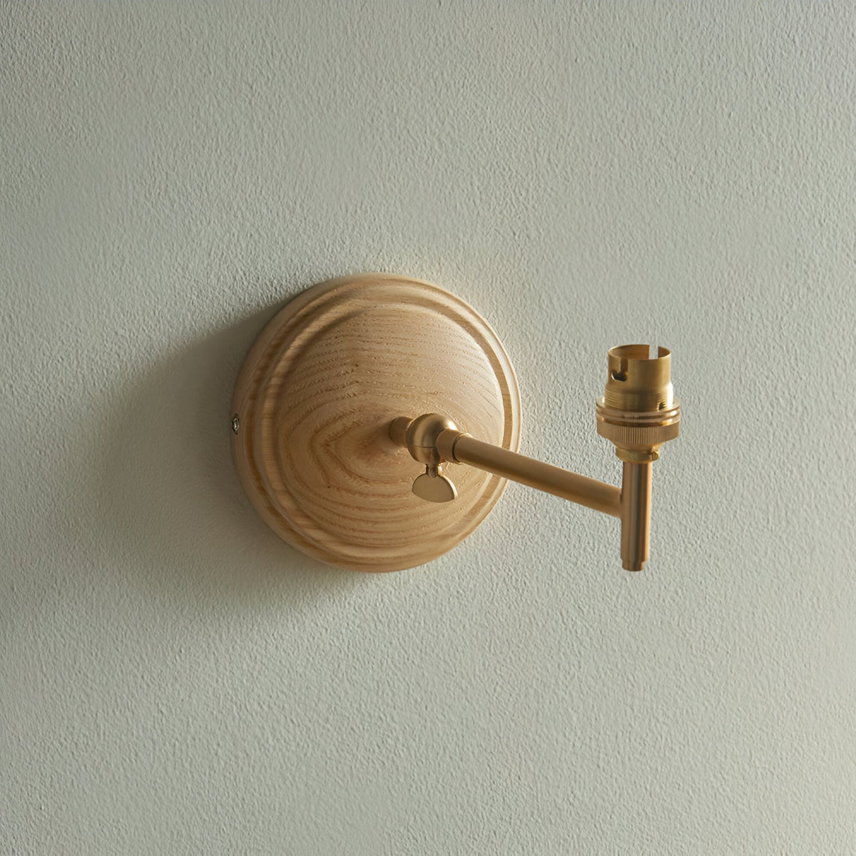 Endon Daneley wall light with round natural ash wood backplate, brushed aged brass folding arm, and B22 lampholder on a pale wall.