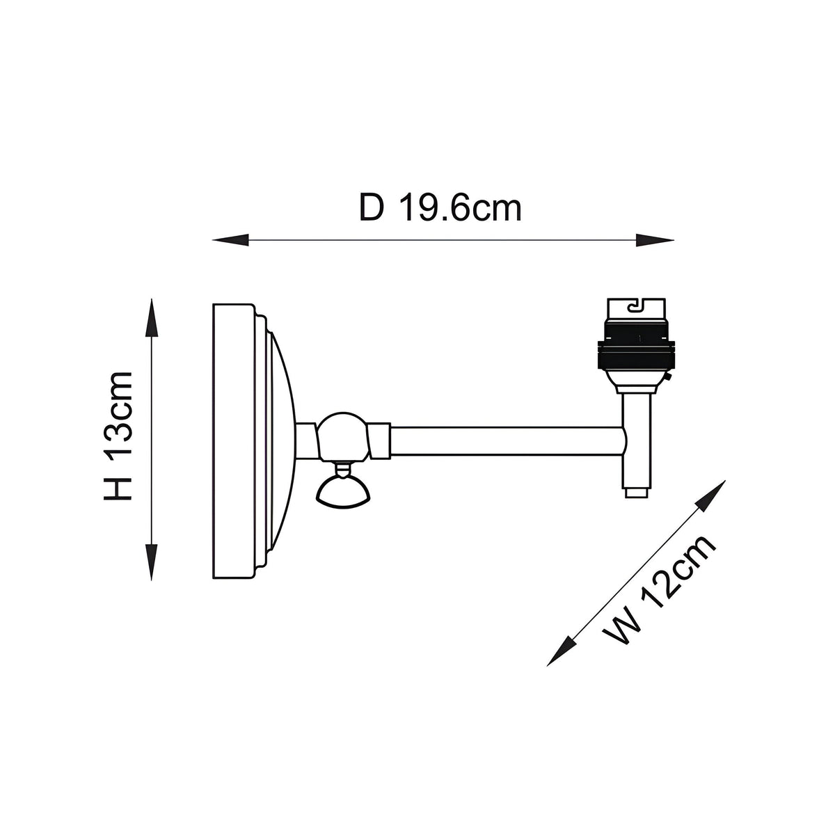 Endon Daneley wall light dimension diagram showing 19.6cm depth, 13cm height and 12cm width for the natural ash and brushed brass fitting.