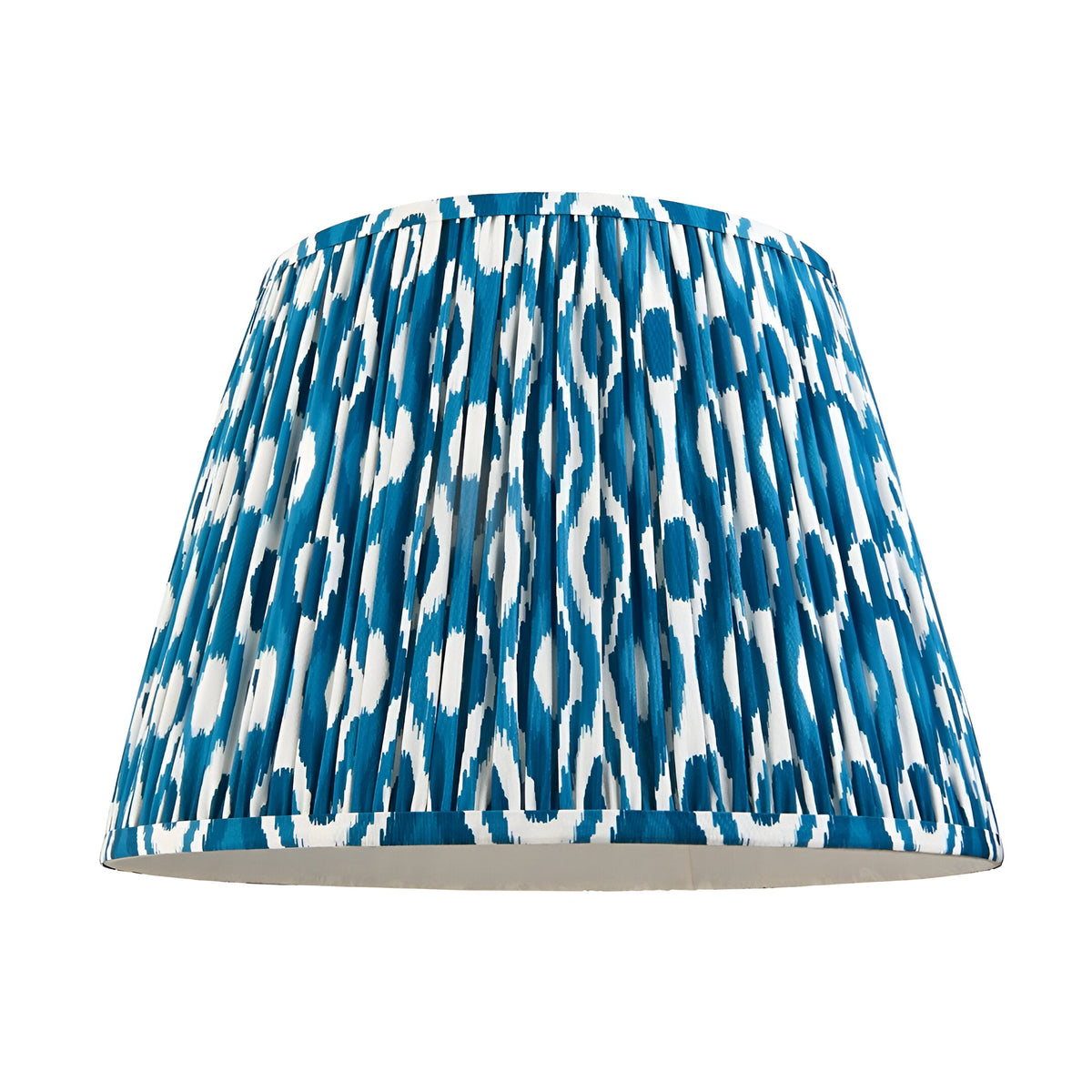 Endon Brackmont Ikat pendant shade in pleated marlin blue faux silk with a tapered form, shown on a plain white background.