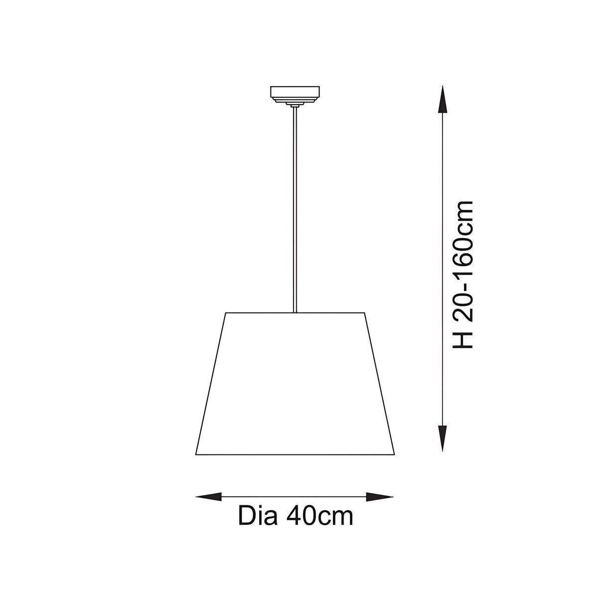 Dimension diagram of the Endon Brackmont Ikat pendant light showing a 40cm tapered shade with adjustable 20–160cm drop on a plain background.
