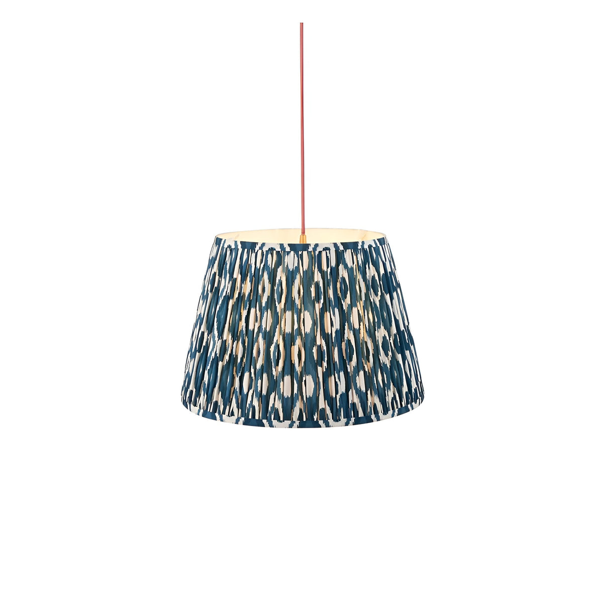 Endon Brackmont Ikat pendant light with a tapered pleated shade in marlin blue faux silk ikat print, suspended from a red fabric cable.